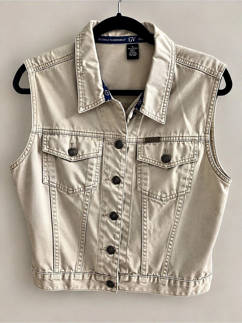 Gloria Vanderbilt Cream Denim Vest M 100% Cotton Western Coastal Cowgirl